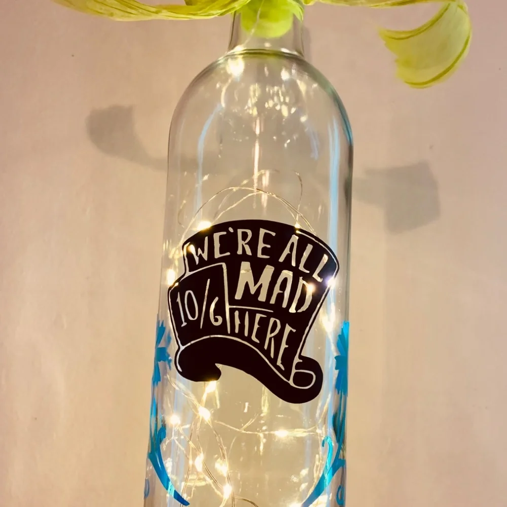 Hand Crafted- ‘We’re All Mad Here’ logo Mad Hat Wine Bottle Lantern